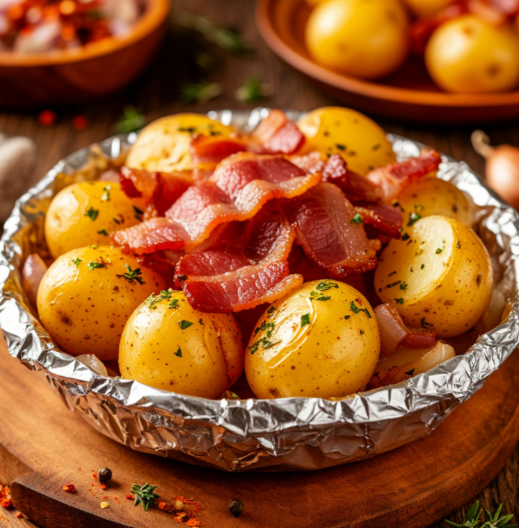 Запечённый картофель с салом и луком в фольге